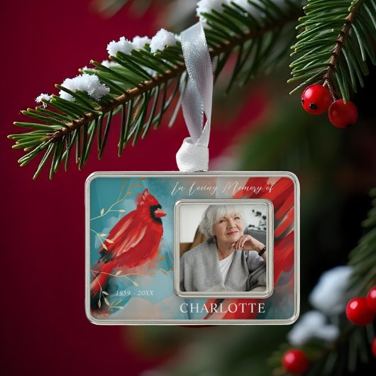 Liefdevolle herinnering Rode Kardinaal Vogel Memor Verzilverd Omlijst Ornament