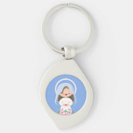 Liefdevolle Kawaii Maagd Maria met Hart – Hemelbla Sleutelhanger