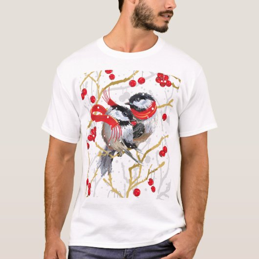 Liefdevolle Knuffelen Kerstmis Chickadees Paar T-shirt (Voorkant)