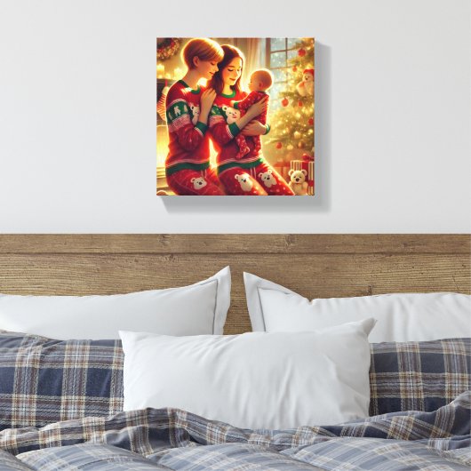 Liefdevolle moeders en Baby bij de kerstboom Canvas Afdruk (Insitu (Slaapkamer))