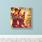 Liefdevolle moeders en Baby bij de kerstboom Canvas Afdruk (Insitu (Houten vloer))