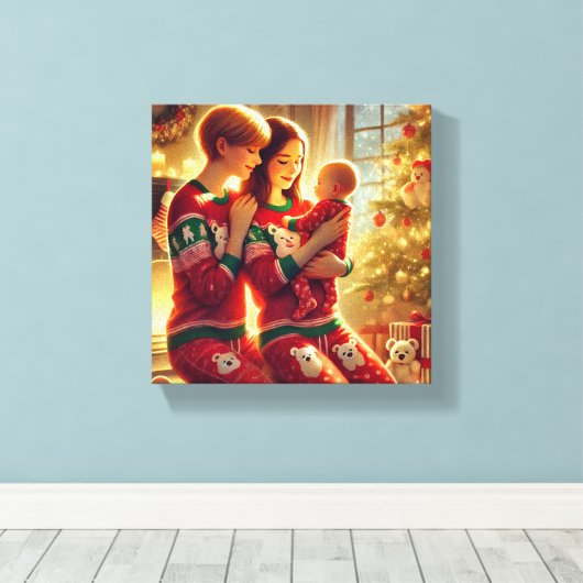 Liefdevolle moeders en Baby bij de kerstboom Canvas Afdruk (Insitu (Houten vloer))