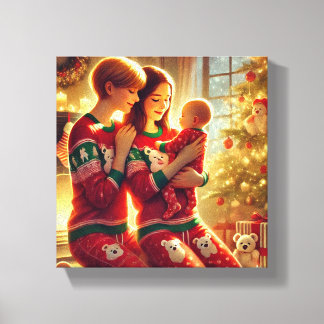 Liefdevolle moeders en Baby bij de kerstboom Canvas Afdruk