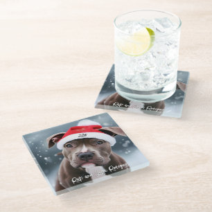 Liefdevolle Pit Bull met Santa Hat Kerstmis Glazen Onderzetter
