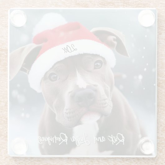 Liefdevolle Pit Bull met Santa Hat Kerstmis Glazen Onderzetter (Achterkant)