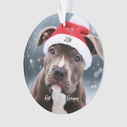 Liefdevolle Pit Bull met Santa Hat Kerstmis Ornament (voorkant)