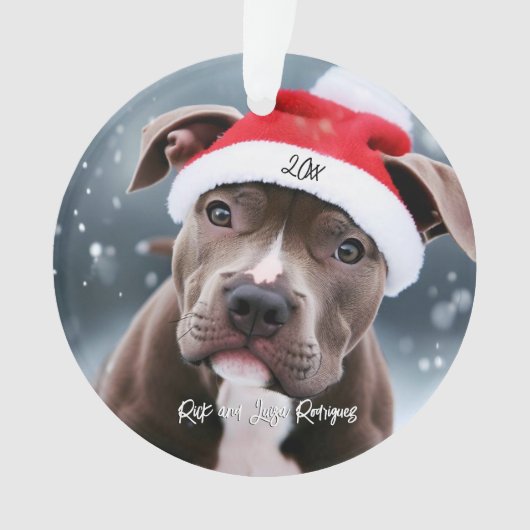 Liefdevolle Pit Bull met Santa Hat Kerstmis Ornament (voorkant)
