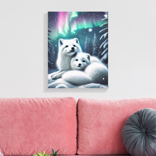 Liefdevolle poolvossen Noorderlicht Snowy Forest Canvas Afdruk (Insitu (Woonkamer))