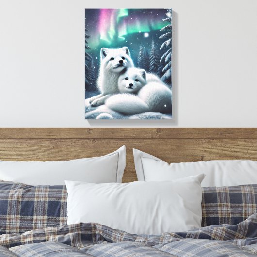 Liefdevolle poolvossen Noorderlicht Snowy Forest Canvas Afdruk (Insitu (Slaapkamer))