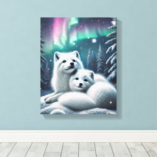 Liefdevolle poolvossen Noorderlicht Snowy Forest Canvas Afdruk (Insitu (Houten vloer))