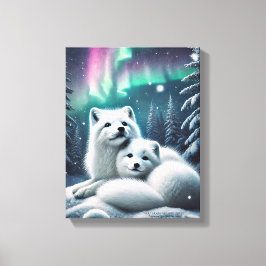Liefdevolle poolvossen Noorderlicht Snowy Forest Canvas Afdruk