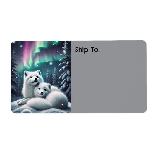 Liefdevolle poolvossen Noorderlicht Snowy Forest Etiket (Voorkant)