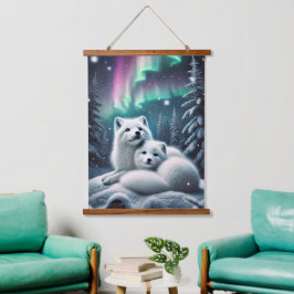 Liefdevolle poolvossen Noorderlicht Snowy Forest Hangend Wandkleed