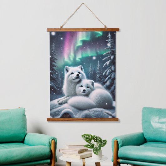 Liefdevolle poolvossen Noorderlicht Snowy Forest Hangend Wandkleed (Woonkamer)