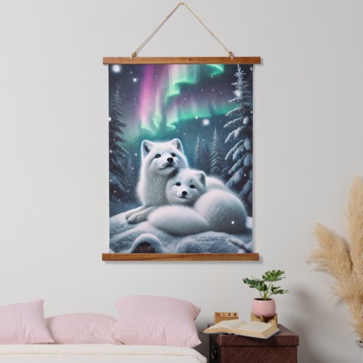 Liefdevolle poolvossen Noorderlicht Snowy Forest Hangend Wandkleed (Slaapkamer)
