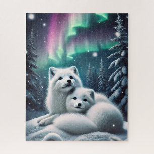 Liefdevolle poolvossen Noorderlicht Snowy Forest Legpuzzel