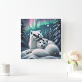 Liefdevolle poolvossen Noorderlicht Snowy Forest Vierkante Klok (Huis)