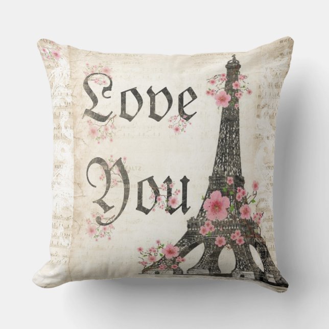 Liefdevolle Romantische Paris Roze kersenbloesem Kussen (Voorkant)