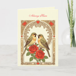 Liefdevolle vogels en rode rozen Art Nouveau Kaart