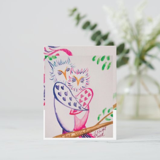 Liefdevolle Waterverf Uil Valentijn Kaart (Staand voorkant)