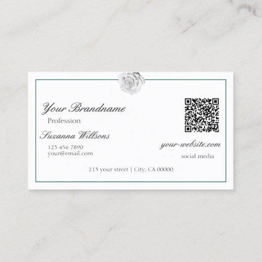 Liefdevolle witte roos op groen met Logo en QR-cod Visitekaartje (Achterkant)