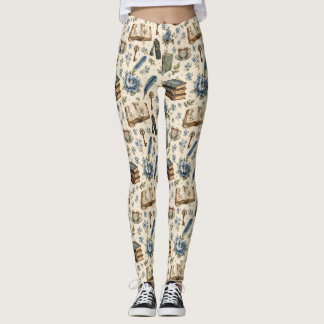 Liefhebber van vintageboeken bloempatroon | Blauwe Leggings