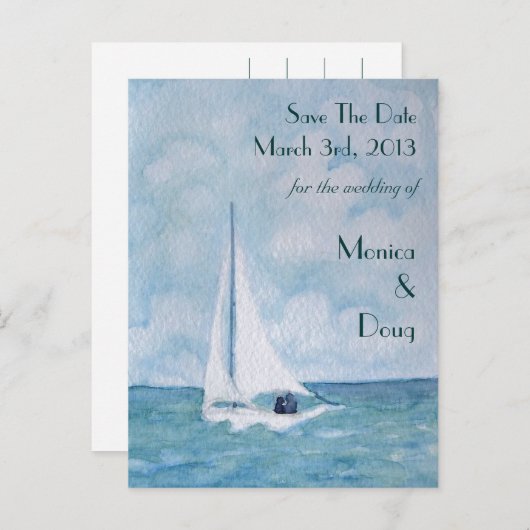 Liefhebbers op een zeilboot, Save The Date briefka Aankondigingskaart (Voorkant / Achterkant)