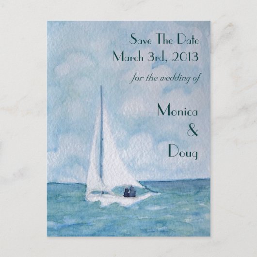 Liefhebbers op een zeilboot, Save The Date briefka Aankondigingskaart (Voorkant)