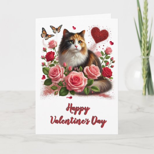 Liefhebbers van Pink Roses en Calico Cat Valentijn Kaart (Voorkant)