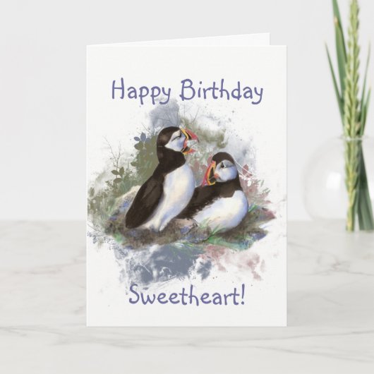 Liefje Birthday Waterverf Puffin Couple Kaart (Voorkant)