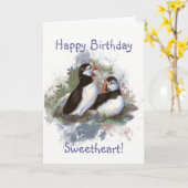 Liefje Birthday Waterverf Puffin Couple Kaart (Gele Bloem)