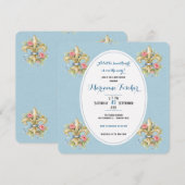 Liefje blauw Fleur de Lys babyshower uitnodiging (Voorkant / Achterkant)