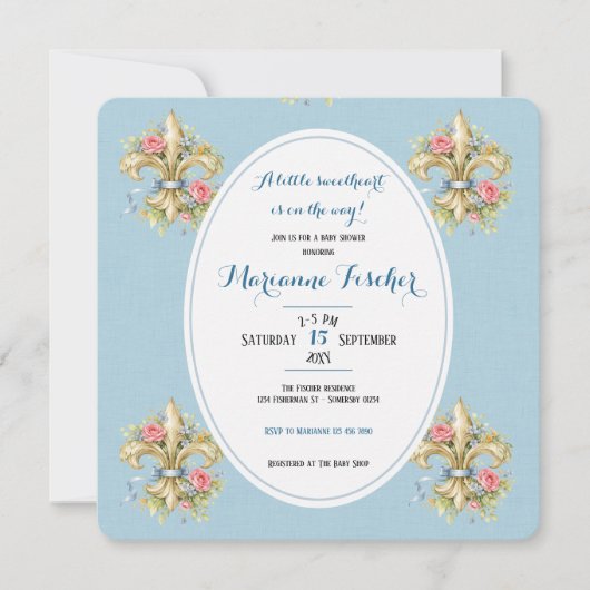 Liefje blauw Fleur de Lys babyshower uitnodiging (Voorkant)