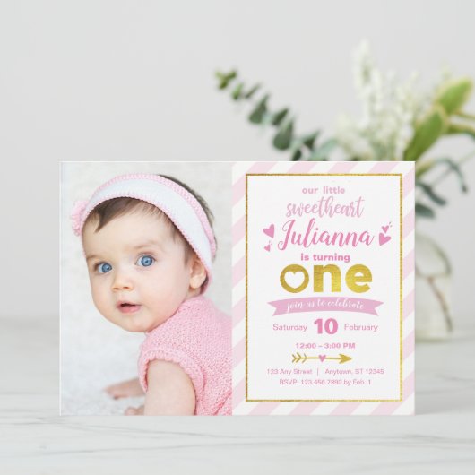 Liefje Gold Pink Valentijn 1e verjaardag Uitnodigi Kaart (Staand voorkant)