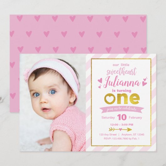 Liefje Gold Pink Valentijn 1e verjaardag Uitnodigi Kaart (Voorkant / Achterkant)