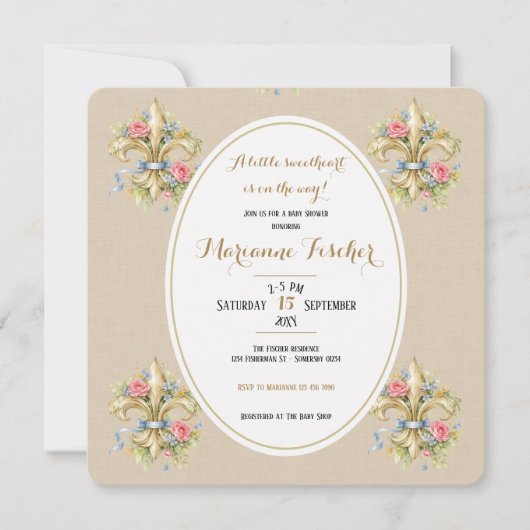 Liefje neutrale Fleur de Lys babyshower uitnodigin (Voorkant)
