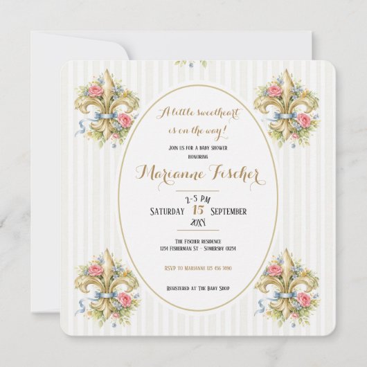 Liefje neutrale Fleur de Lys babyshower uitnodigin (Voorkant)