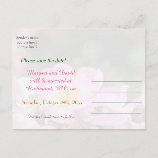 liefje roze bloem bruiloft met roos , met uitzonde aankondigingskaart (Achterkant)