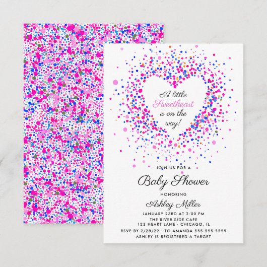 Liefje Roze en Paarse Confetti Baby shower Kaart (Voorkant / Achterkant)