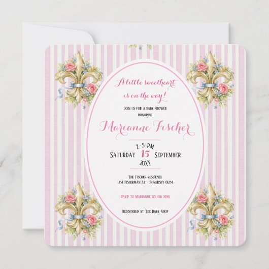 Liefje roze Fleur de Lys babyshower uitnodiging (Voorkant)