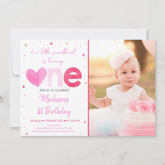 Liefje Roze Gouden Harten Eerste Verjaardag Kaart (Voorkant)