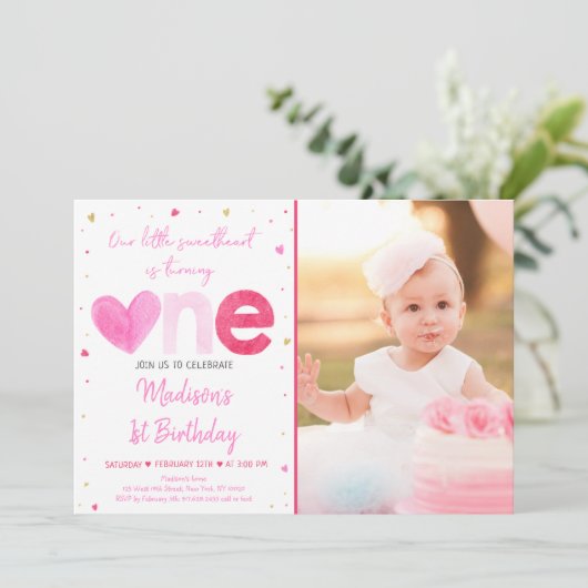 Liefje Roze Gouden Harten Eerste Verjaardag Kaart (Staand voorkant)