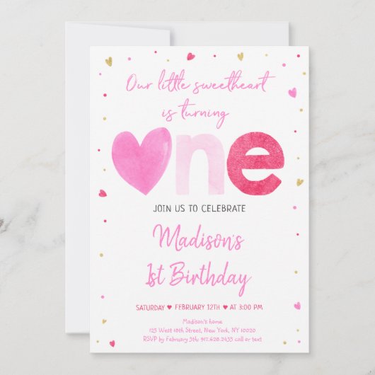 Liefje Roze Gouden Harten Eerste Verjaardag Kaart (Voorkant)