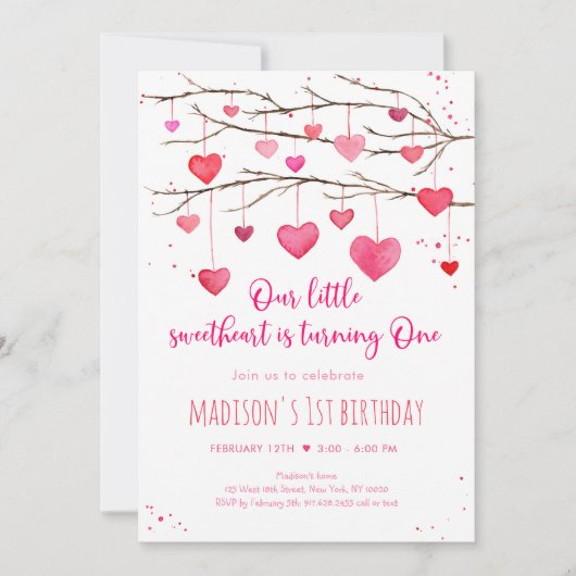 Liefje Roze Rode Harten Eerste Verjaardag Kaart (Voorkant)