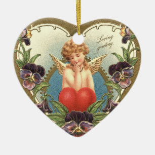 LIEFKUPID MET HEART- EN PANSIEValentijnsdag Keramisch Ornament