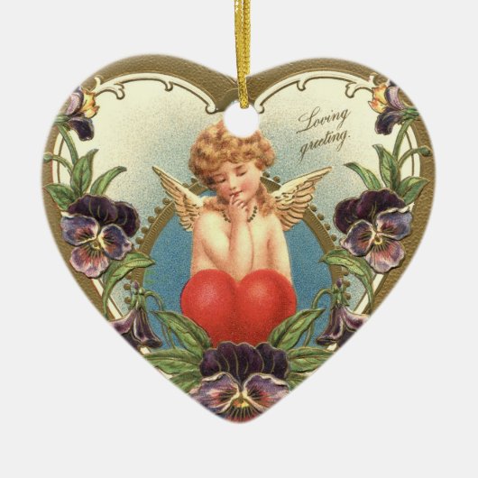 LIEFKUPID MET HEART- EN PANSIEValentijnsdag Keramisch Ornament (Voorkant)