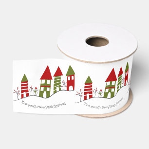 Lieflijk groen&rood dorp in de sneeuw met Kerstmis Grosgrain Lint