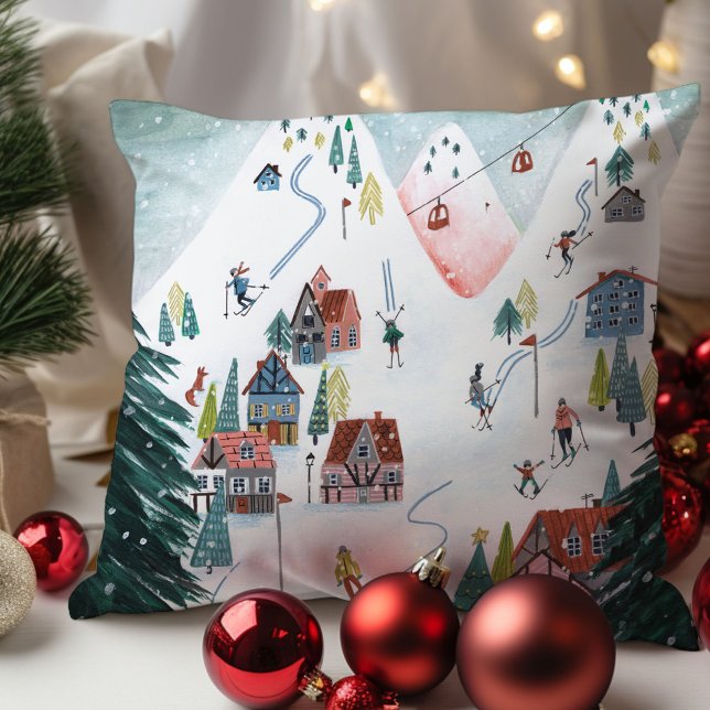 Lieflijk Noords schaatsdorp Kussen (Cute Nordic skating Village Throw Pillow)