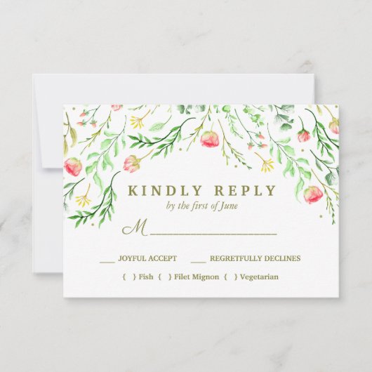 lieflijk romantisch | Bloemen Trouwmaaltijd keuze RSVP Kaartje (Voorkant)