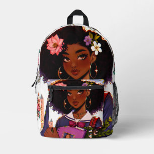 Lieflijke Afro-Amerikaanse Anime Schoolmeisje Bedrukte Rugzak
